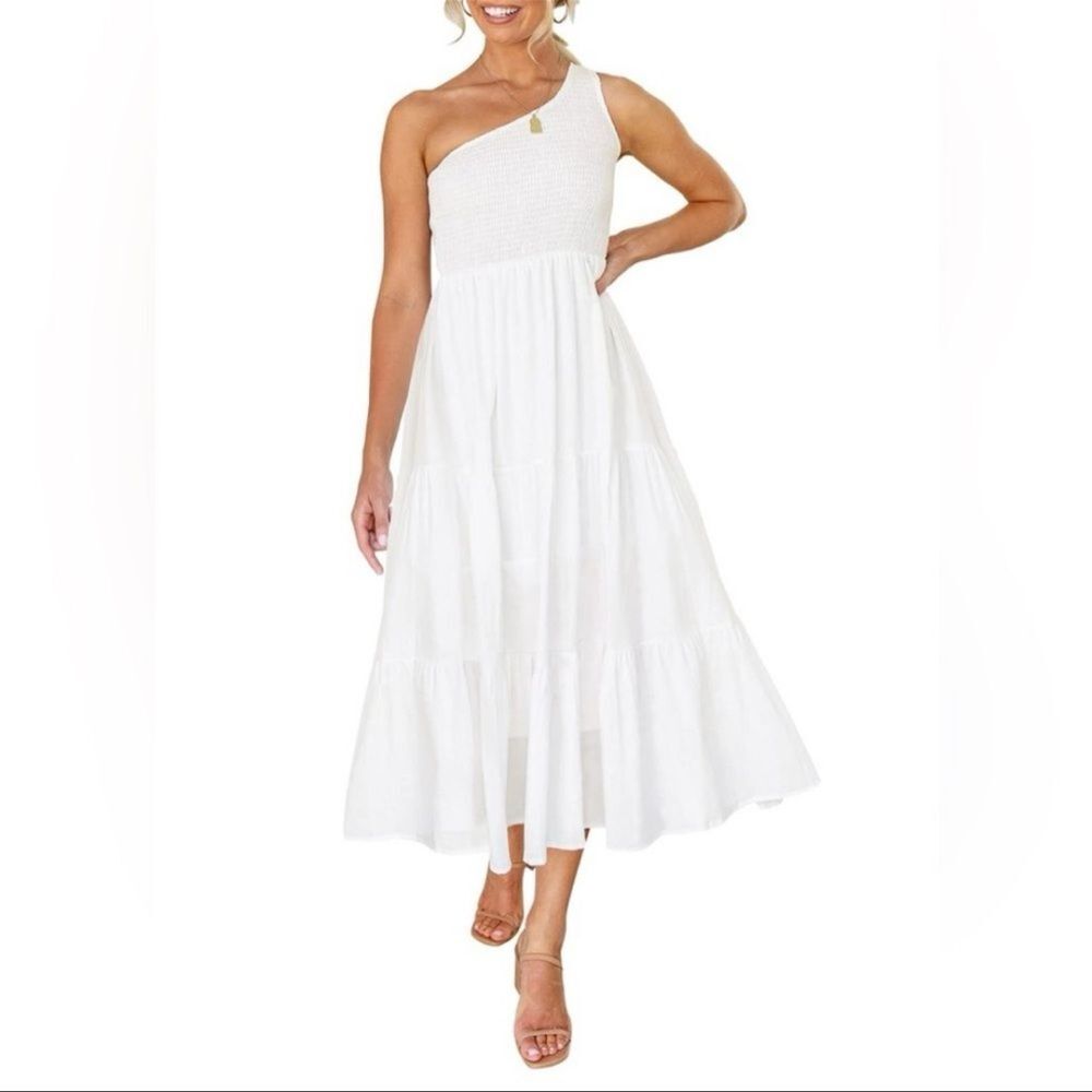 ZESICA One Shoulder Smocked Boho White Midi Dress - Size 2XL - Tiered Hem